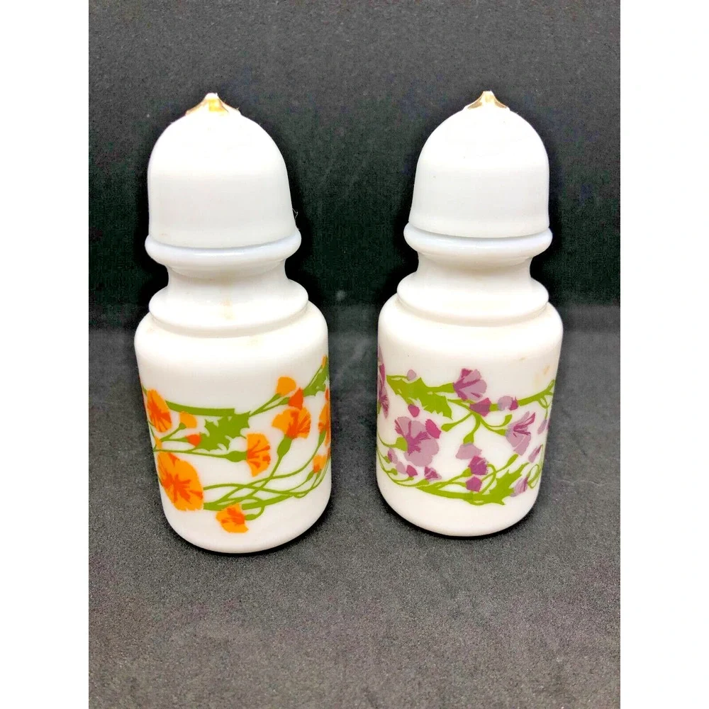 Avon Milk Glass Retro 70's Salt & Pepper Shakers White Orange Purple Flowers